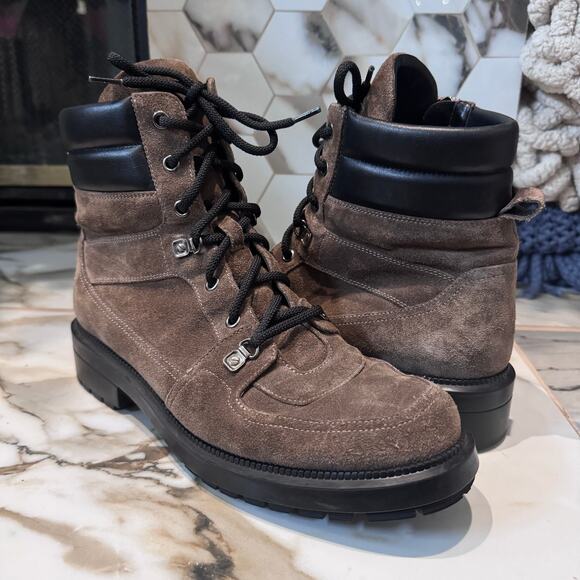 Aquatalia Women’s Lene Weatherproof Taupe Suede Combat Boots Size 9.5 Lug Soles - Picture 1 of 9